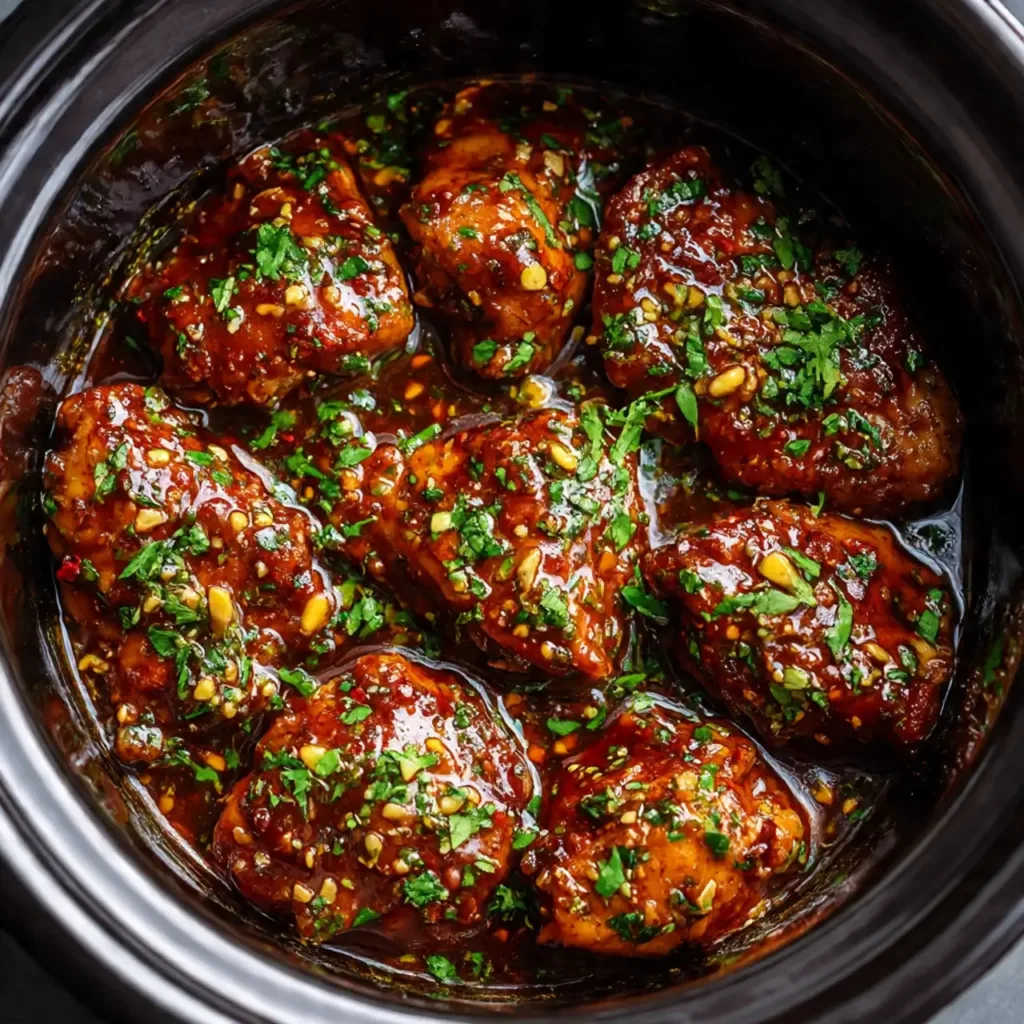 Chicken cooking in slow cooker with honey garlic sauce