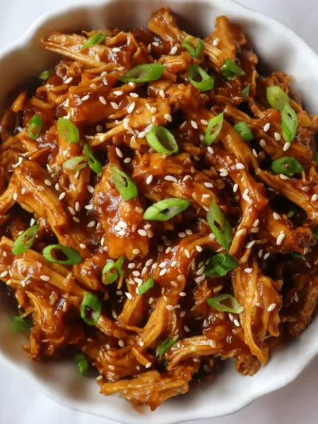 Crockpot Honey Garlic Chicken served in white bowl