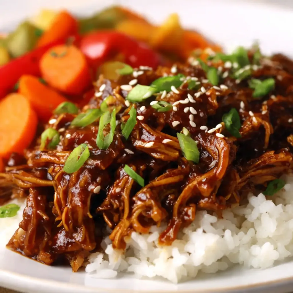 Crockpot Honey Garlic Chicken served with rice and veggies