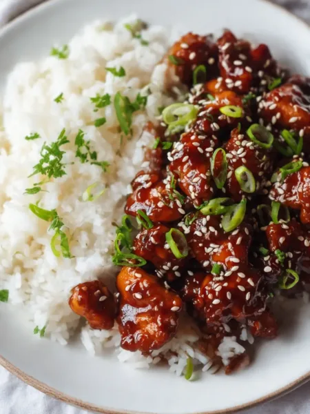 Crockpot Teriyaki Chicken with rice and garnish