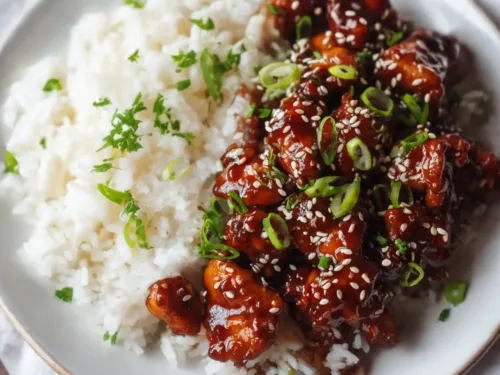 Crockpot Teriyaki Chicken with rice and garnish