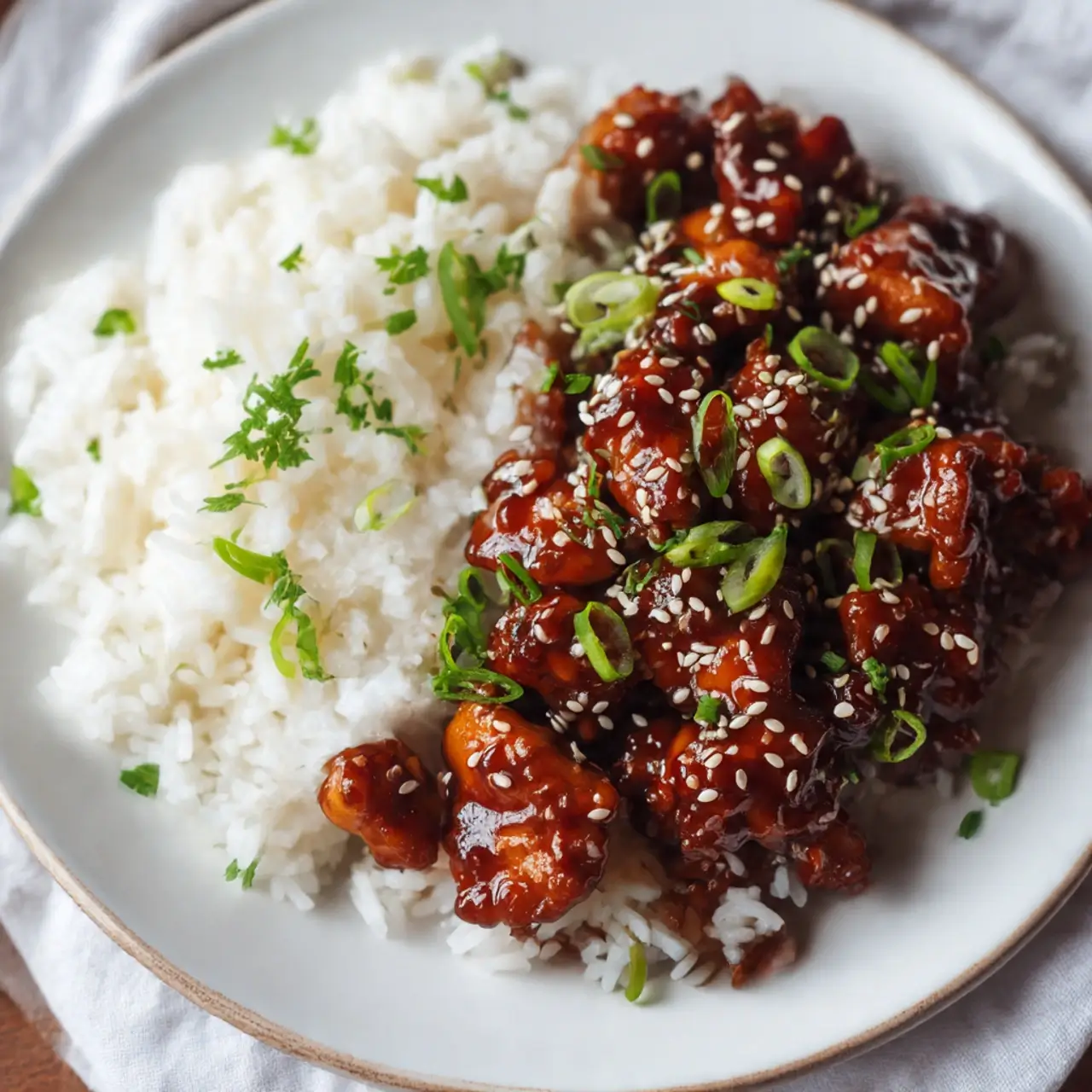 Crockpot Teriyaki Chicken with rice and garnish