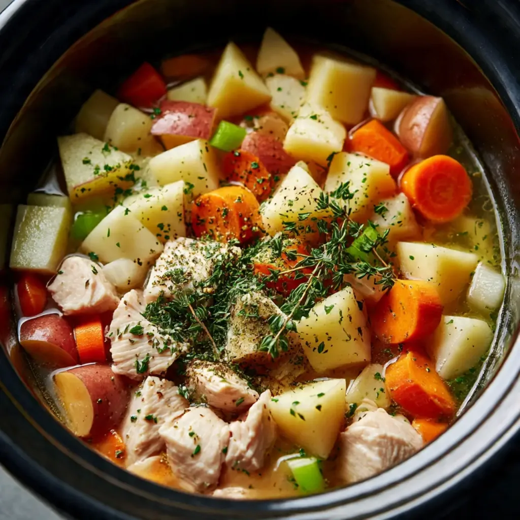 Filling slow cooker with chicken pot pie ingredients