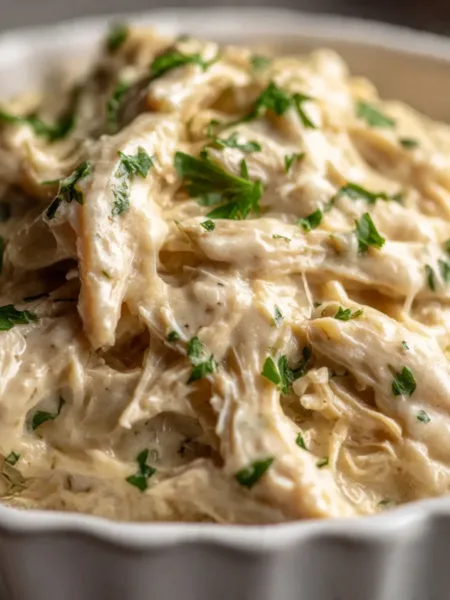 Garlic parm chicken crockpot in rustic bowl