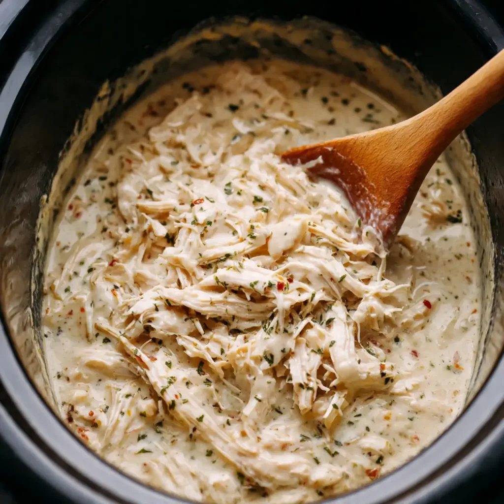 Shredded garlic parm chicken in crockpot