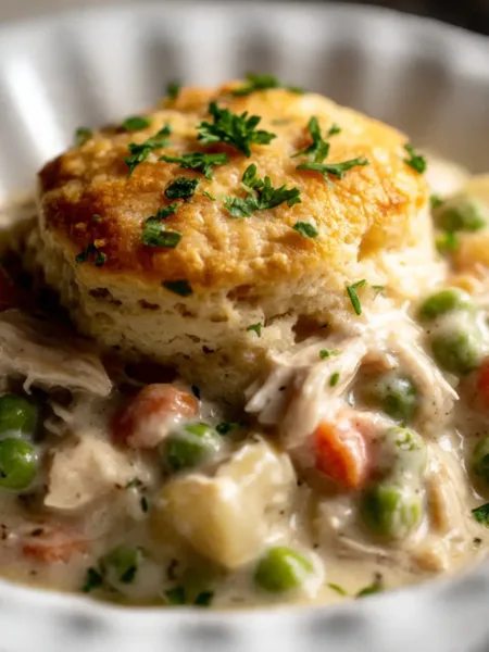 Slow Cooker Chicken Pot Pie in rustic bowl