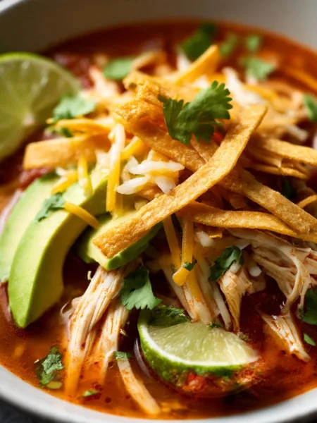 chicken tortilla soup in bowl with toppings