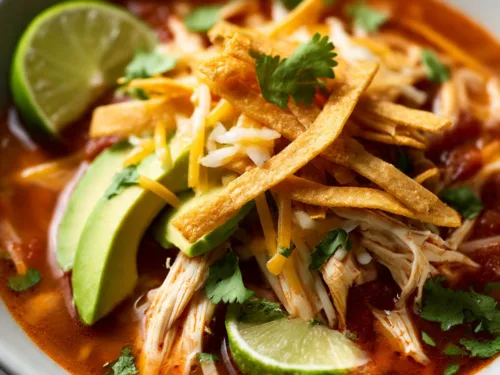 chicken tortilla soup in bowl with toppings