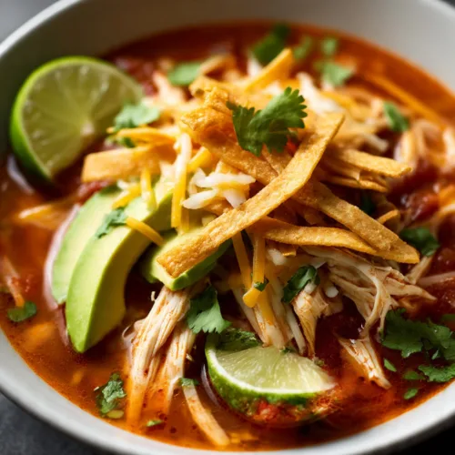 chicken tortilla soup in bowl with toppings