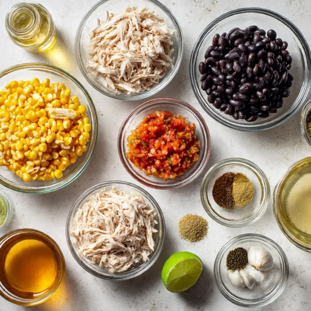 Ingredients for creamy chicken tortilla soup laid out on a table