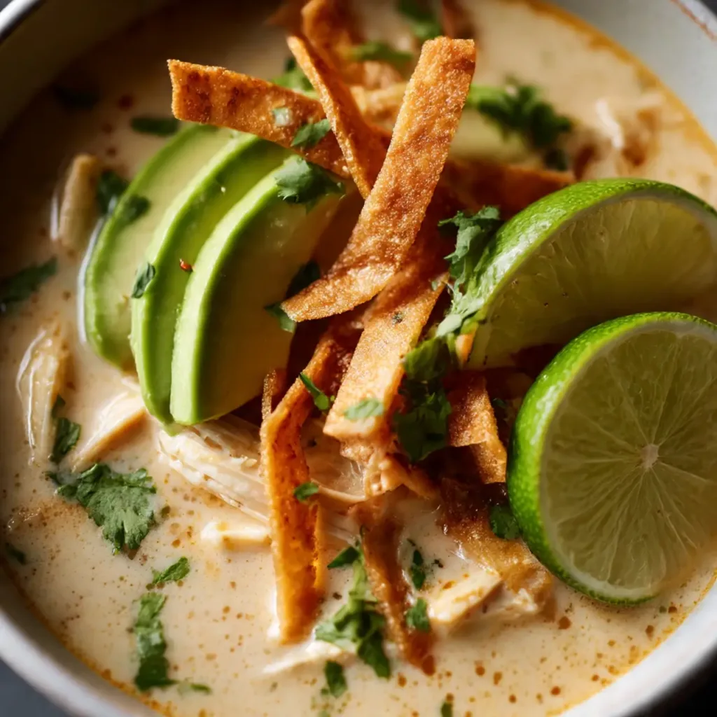 Bowl of creamy chicken tortilla soup with toppings and lime wedges