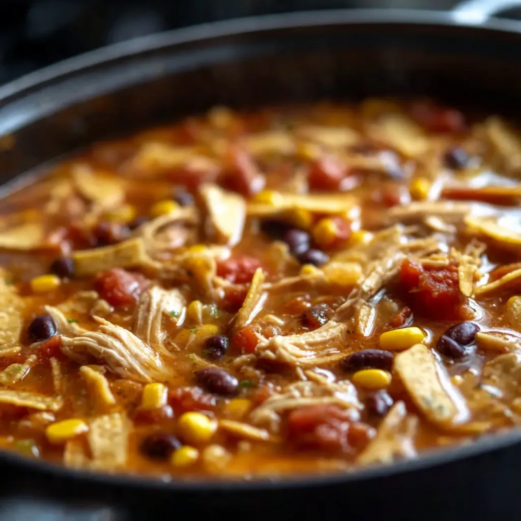 Chicken tortilla soup simmering in a Dutch oven on the stove