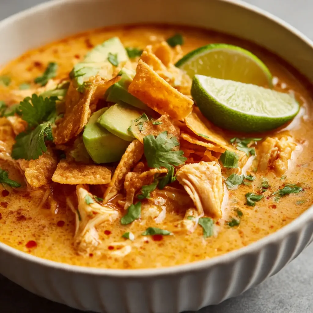 Serving bowl of Cheesy Southwestern Chicken Tortilla Soup