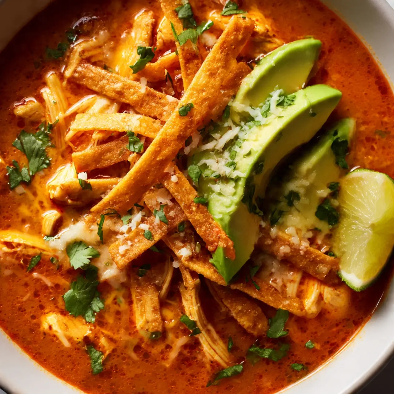served chicken tortilla soup on table