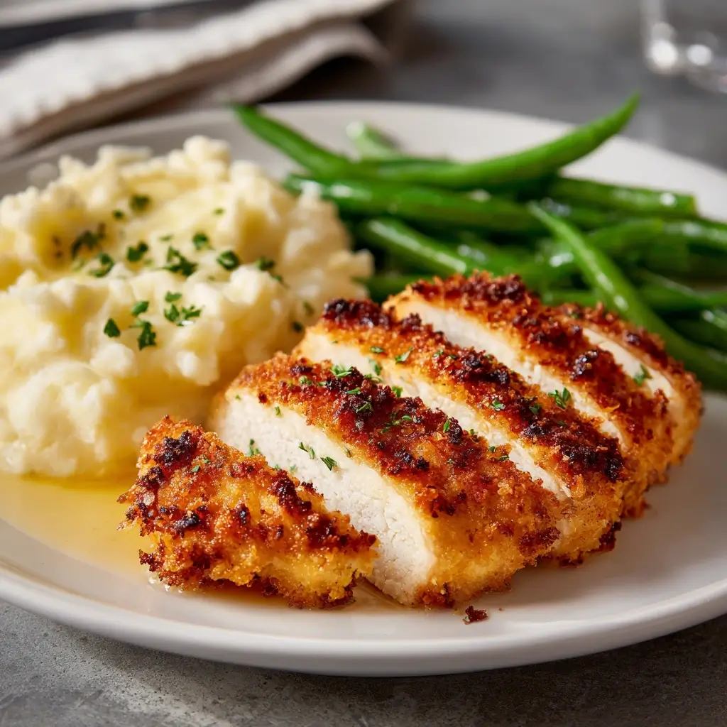 Side view of sliced Parmesan Crusted Chicken with sides
