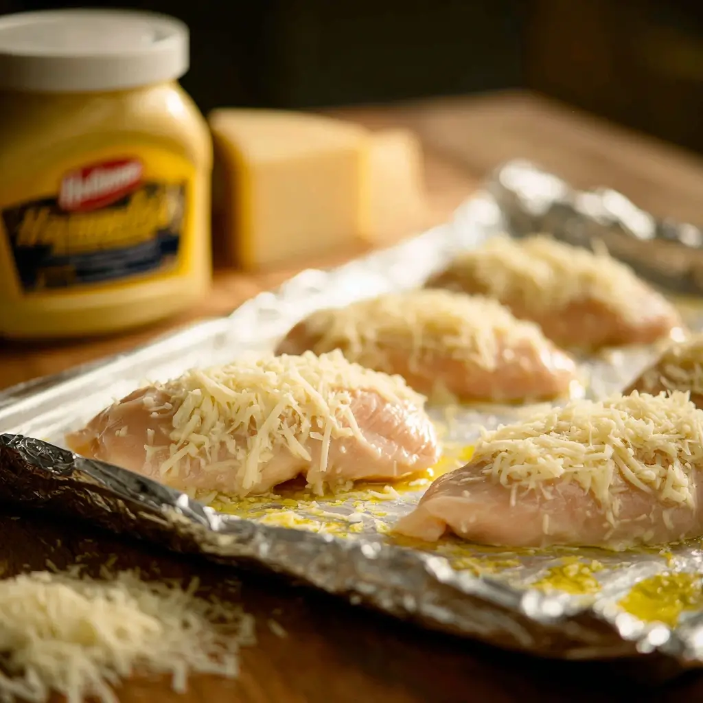 Side view of mayo being spread on chicken