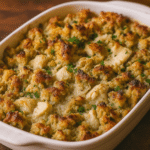 Dolly’s Chicken and Stuffing Casserole served in a rustic dish