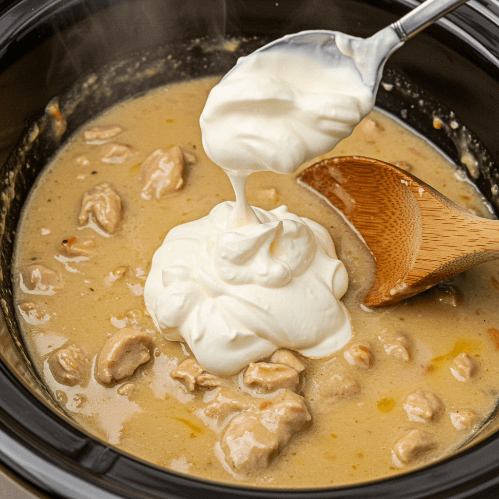 stirring cream into chicken and gravy crockpot