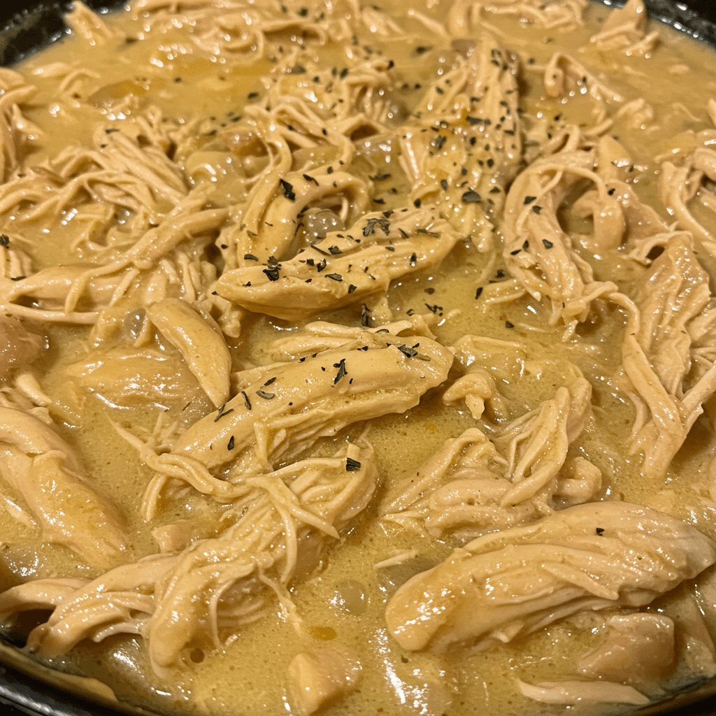 chicken and gravy crockpot meal in rustic kitchen