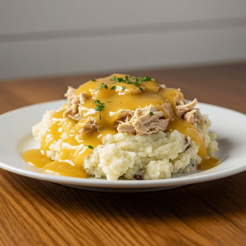serving crockpot chicken and gravy over mashed potatoes