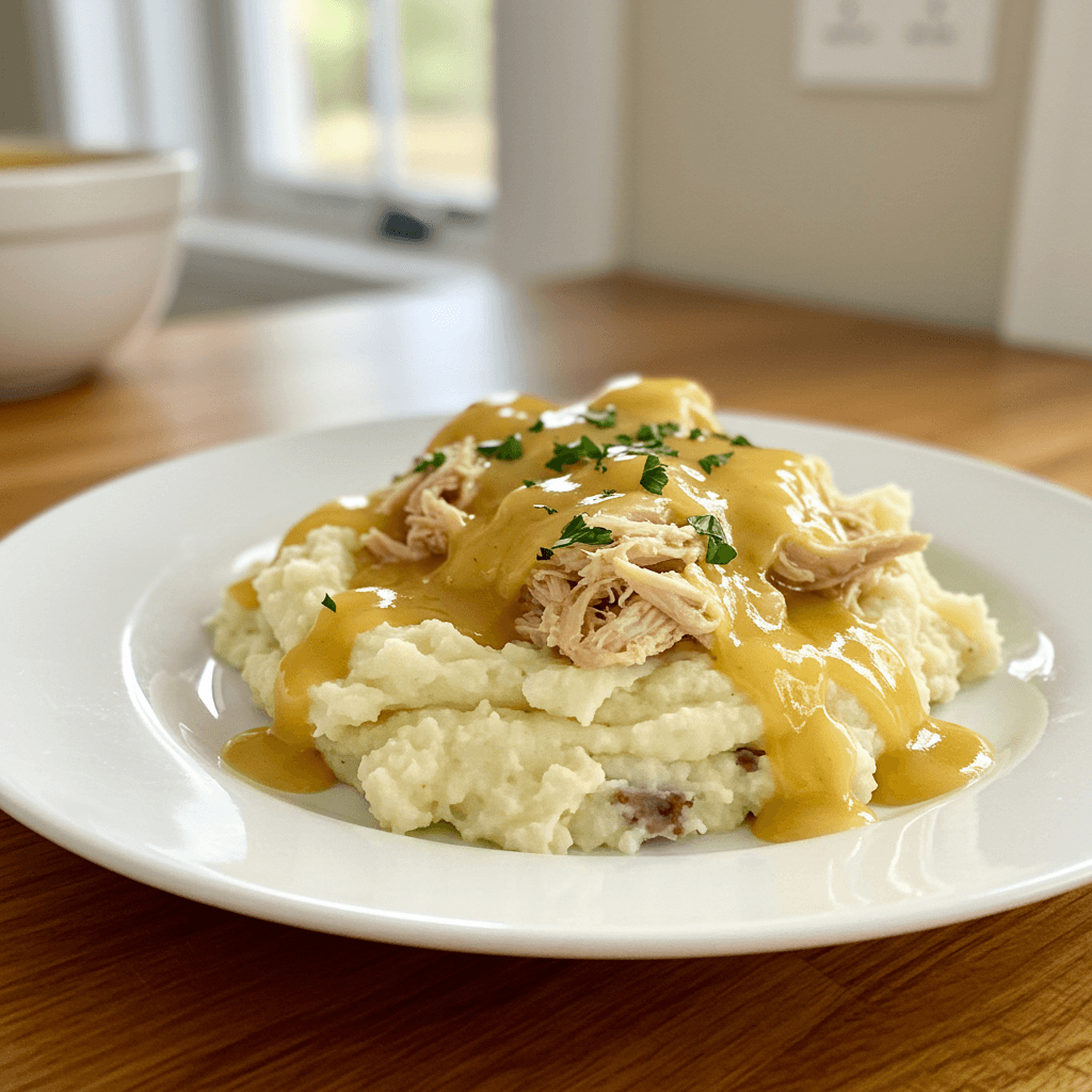 serving chicken and gravy crockpot over mashed potatoes