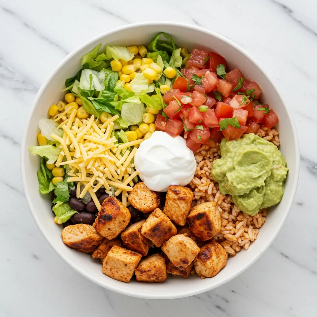 chipotle honey chicken served in a burrito bowl with toppings