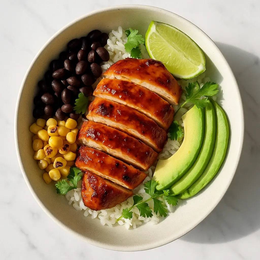 hot honey glazed chicken bowl with toppings