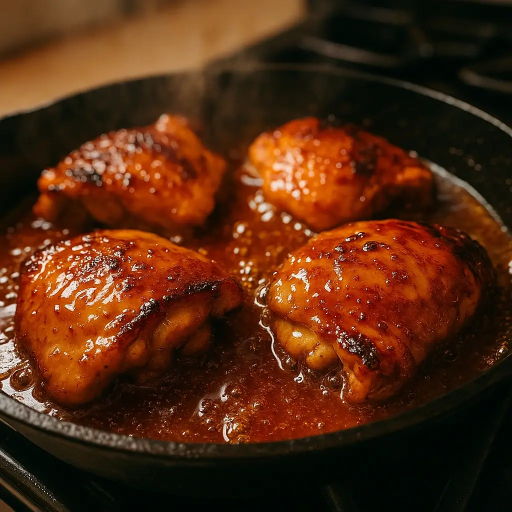 chicken searing in pan with hot honey glaze