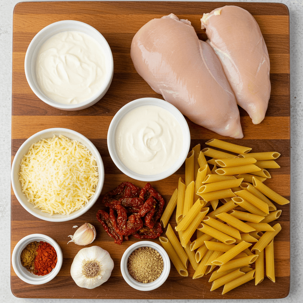 Crock Pot Marry Me Chicken Pasta ingredients laid out on a wooden board