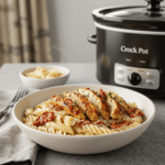 Crock Pot Marry Me Chicken Pasta served hot with creamy sauce