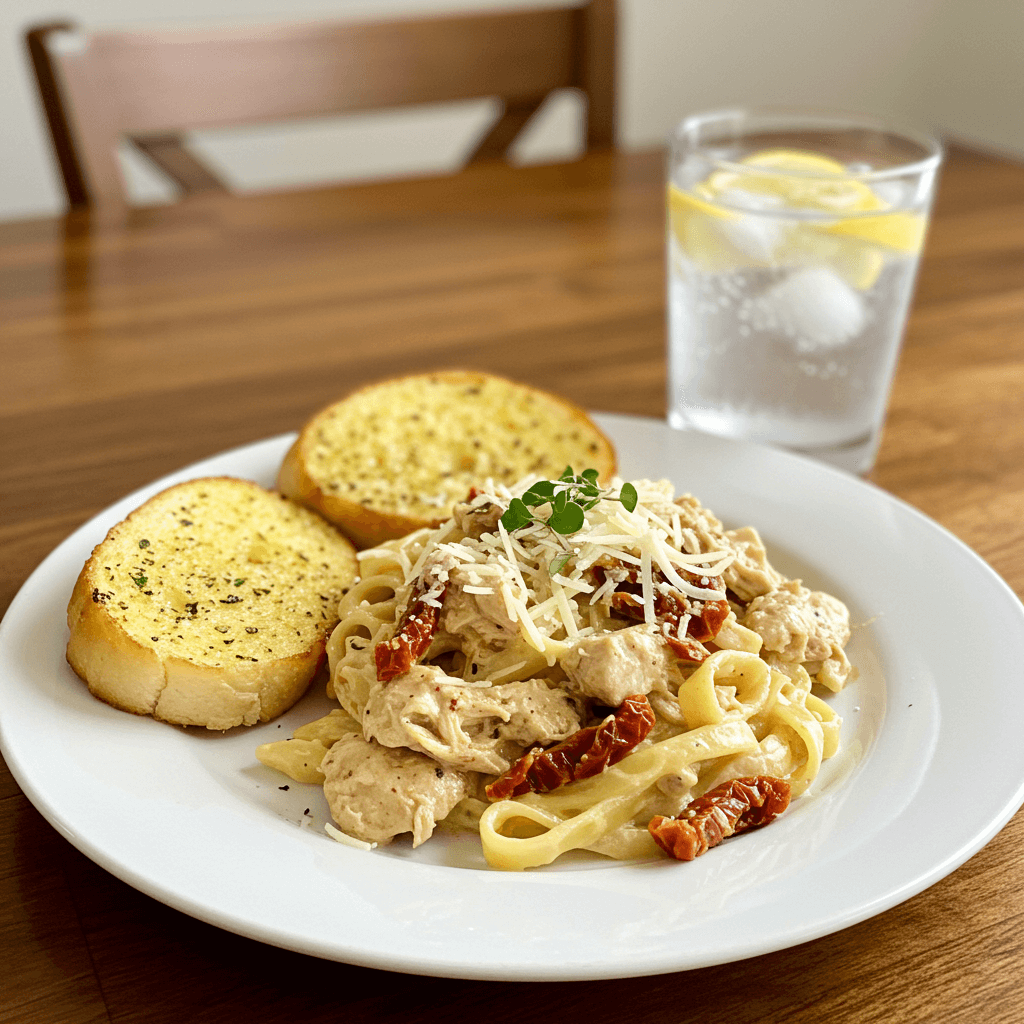 A bowl of Crock Pot Marry Me Chicken Pasta garnished with basil and parmesan