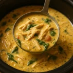 crockpot chicken and cream of chicken soup in rustic kitchen
