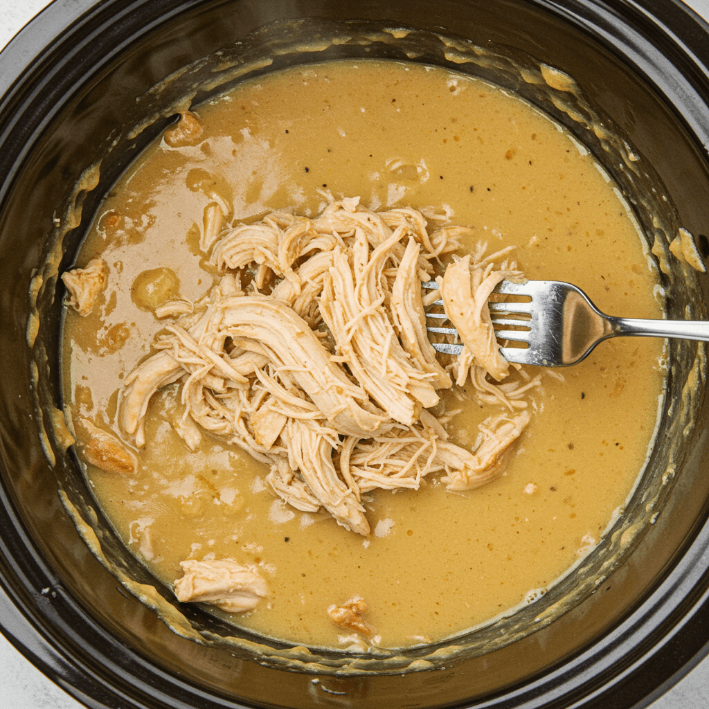 shredding cooked crockpot chicken in gravy