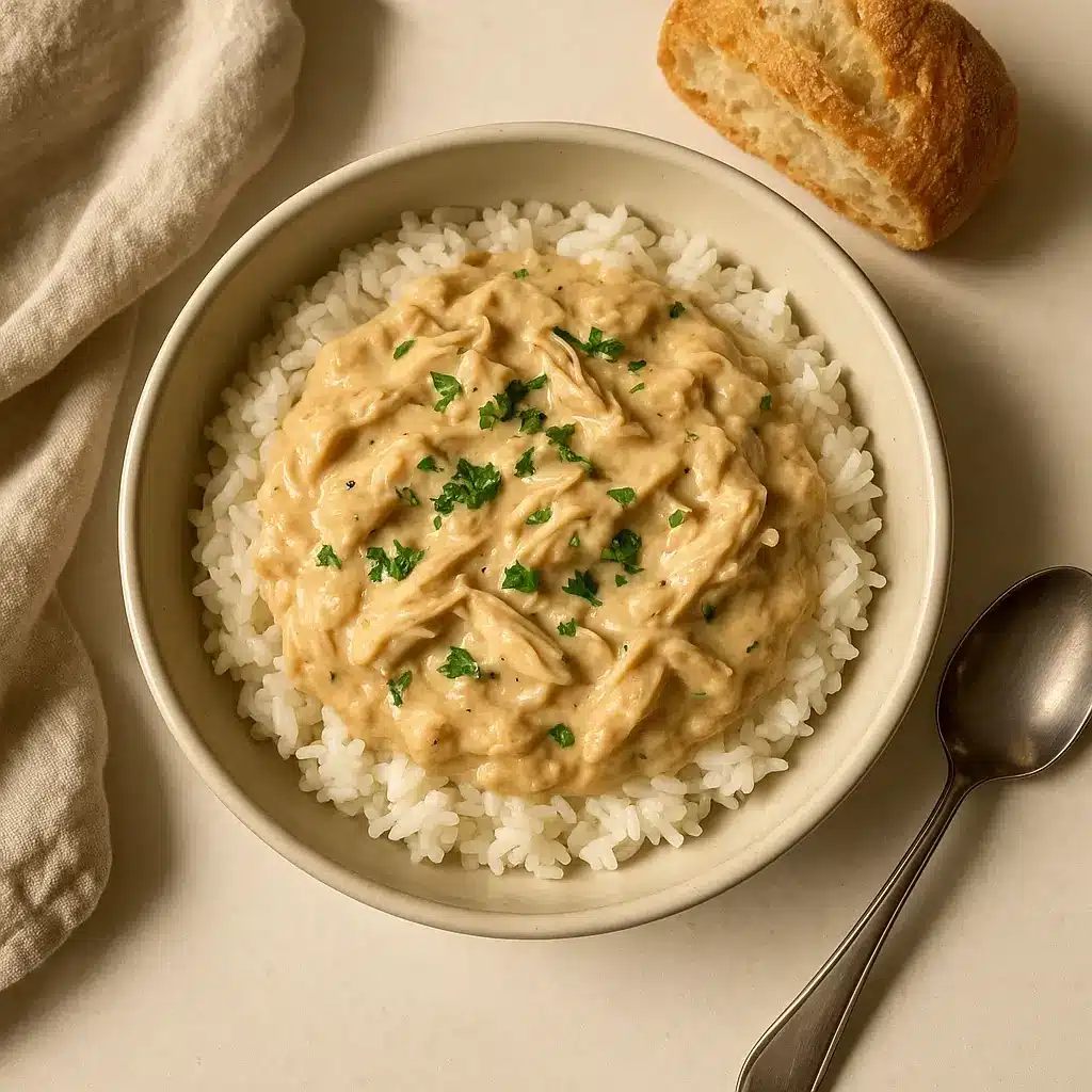 serving of crockpot chicken and cream of chicken soup over rice