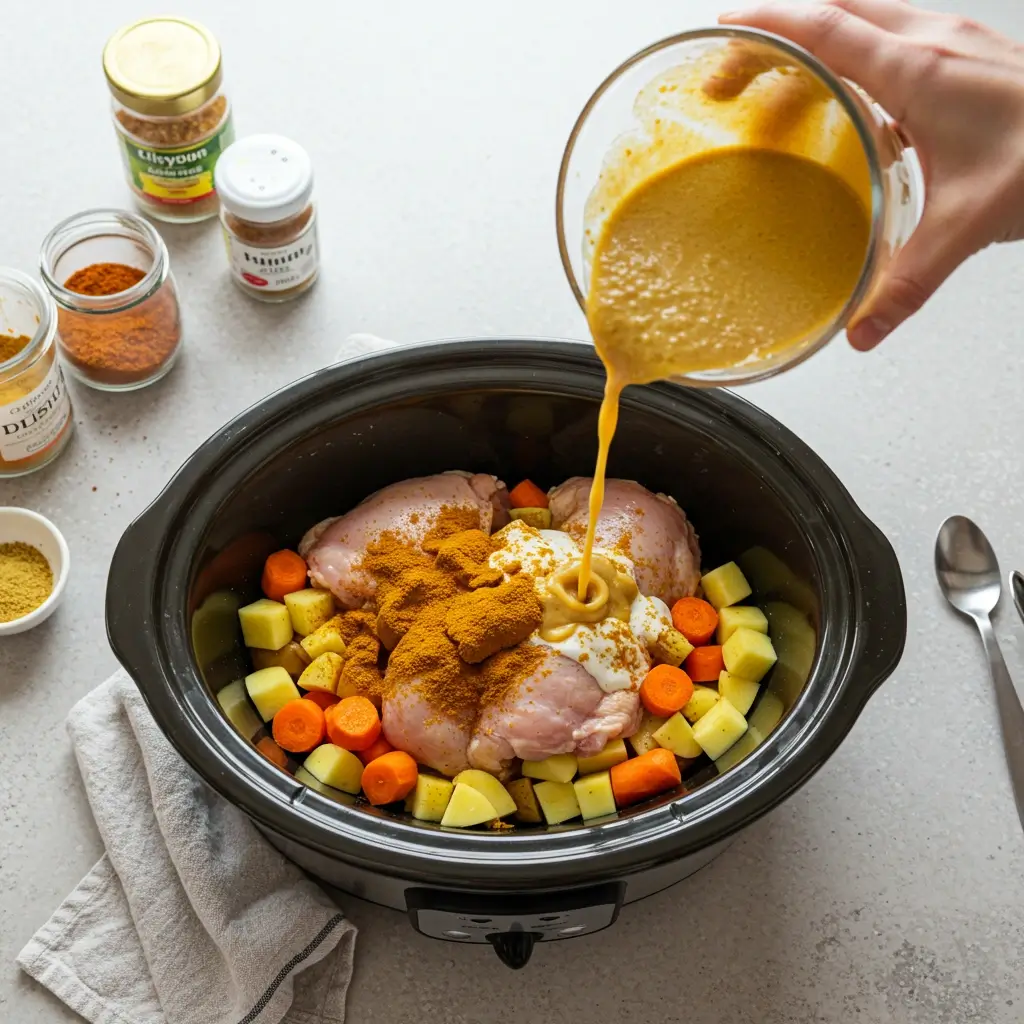 Crockpot with raw chicken and curry sauce ready to cook