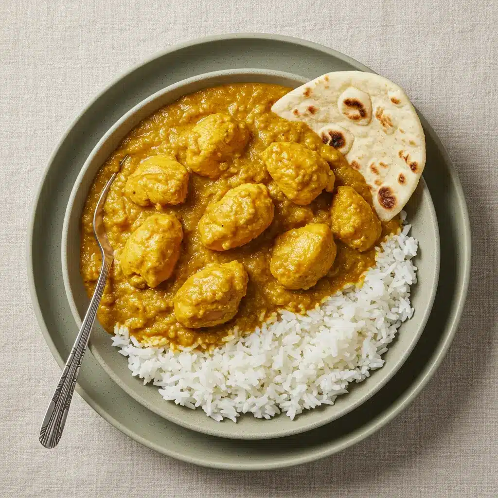 Curried chicken in crockpot served with rice and naan