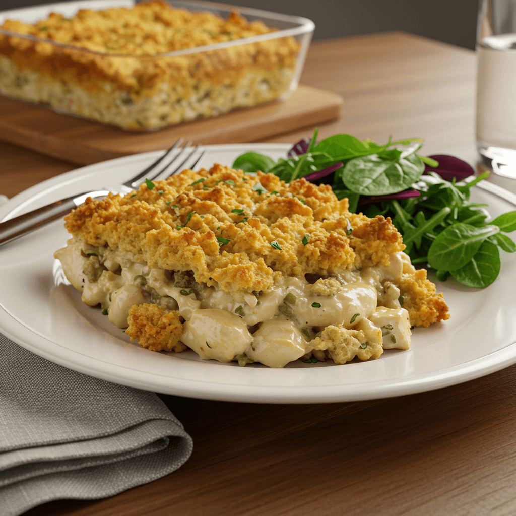A serving of Dolly’s Chicken and Stuffing Casserole on a dinner plate