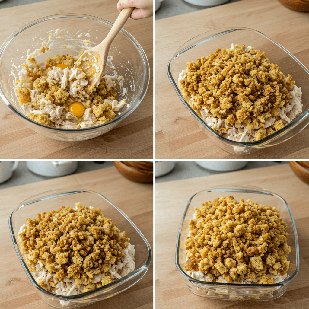 Preparing Dolly’s Chicken and Stuffing Casserole in easy steps