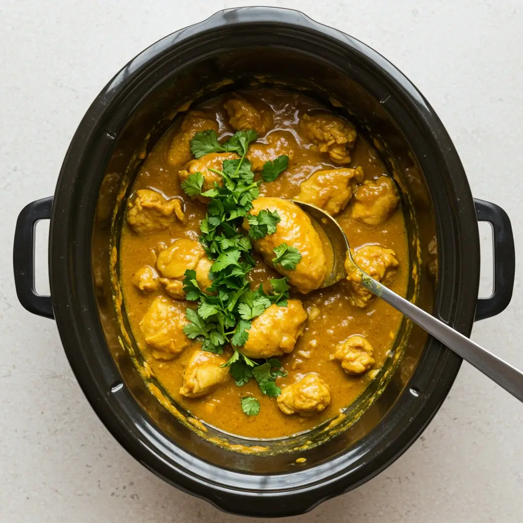 Cooked curried chicken in crockpot with cilantro garnish