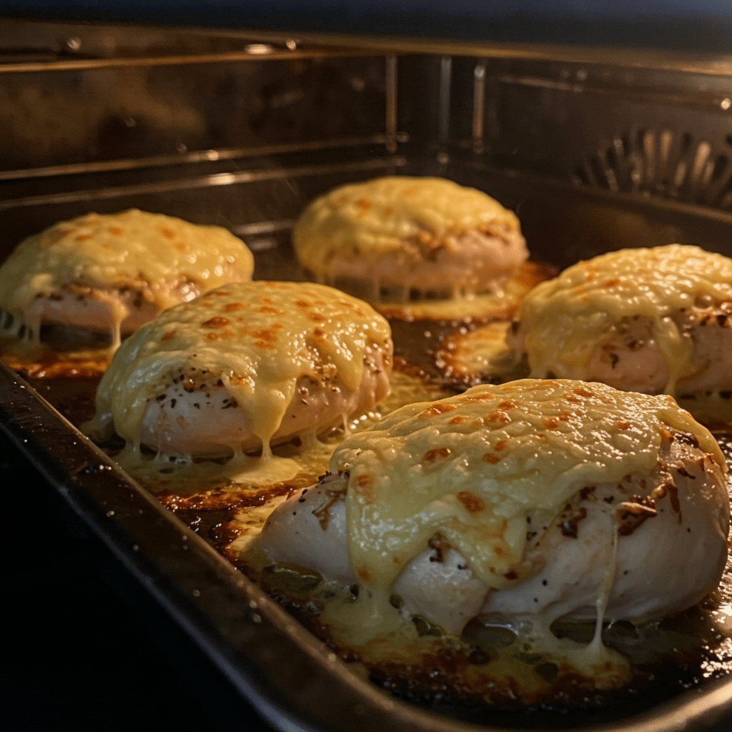 parmesan crusted chicken baking in the oven with bubbling cheese