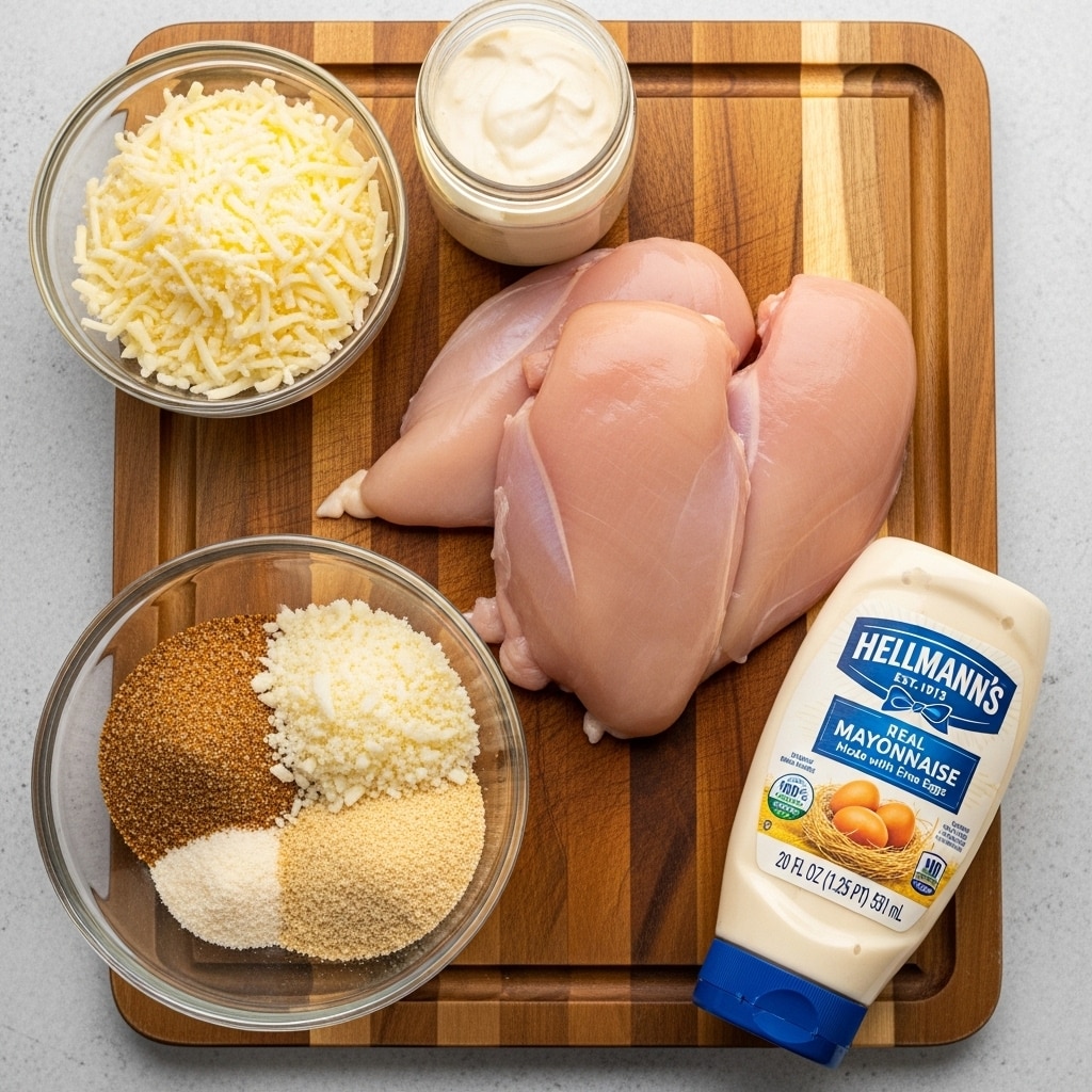 ingredients for hellmann's mayo parmesan crusted chicken on a wooden board