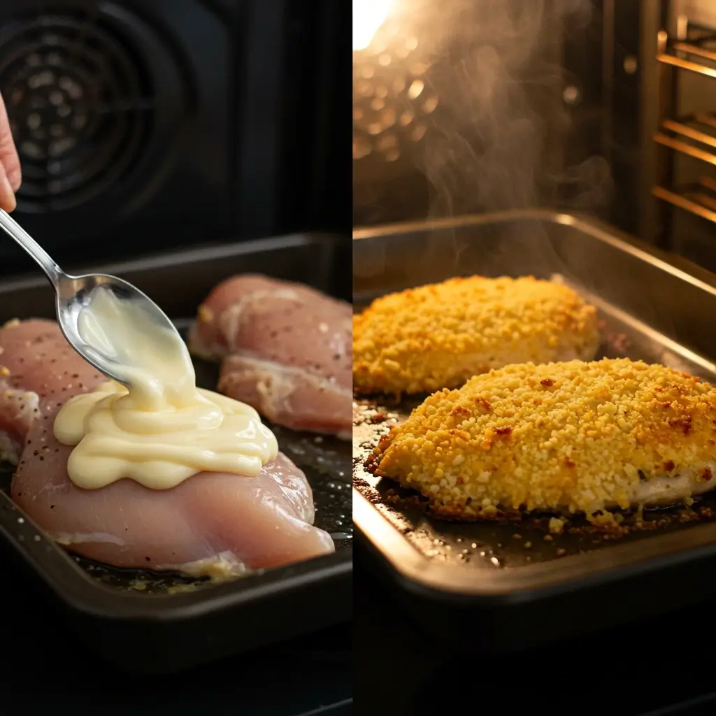 spreading mayo and baking hellmann’s mayonnaise parmesan chicken