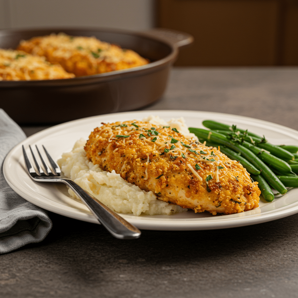 plated hellmann's mayo parmesan crusted chicken with green beans and potatoes