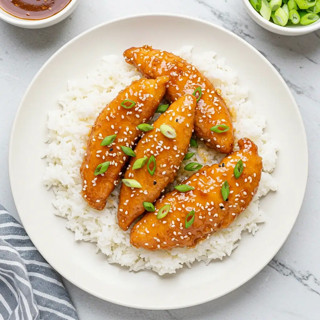 Sweet and sticky honey garlic chicken tenders served with rice