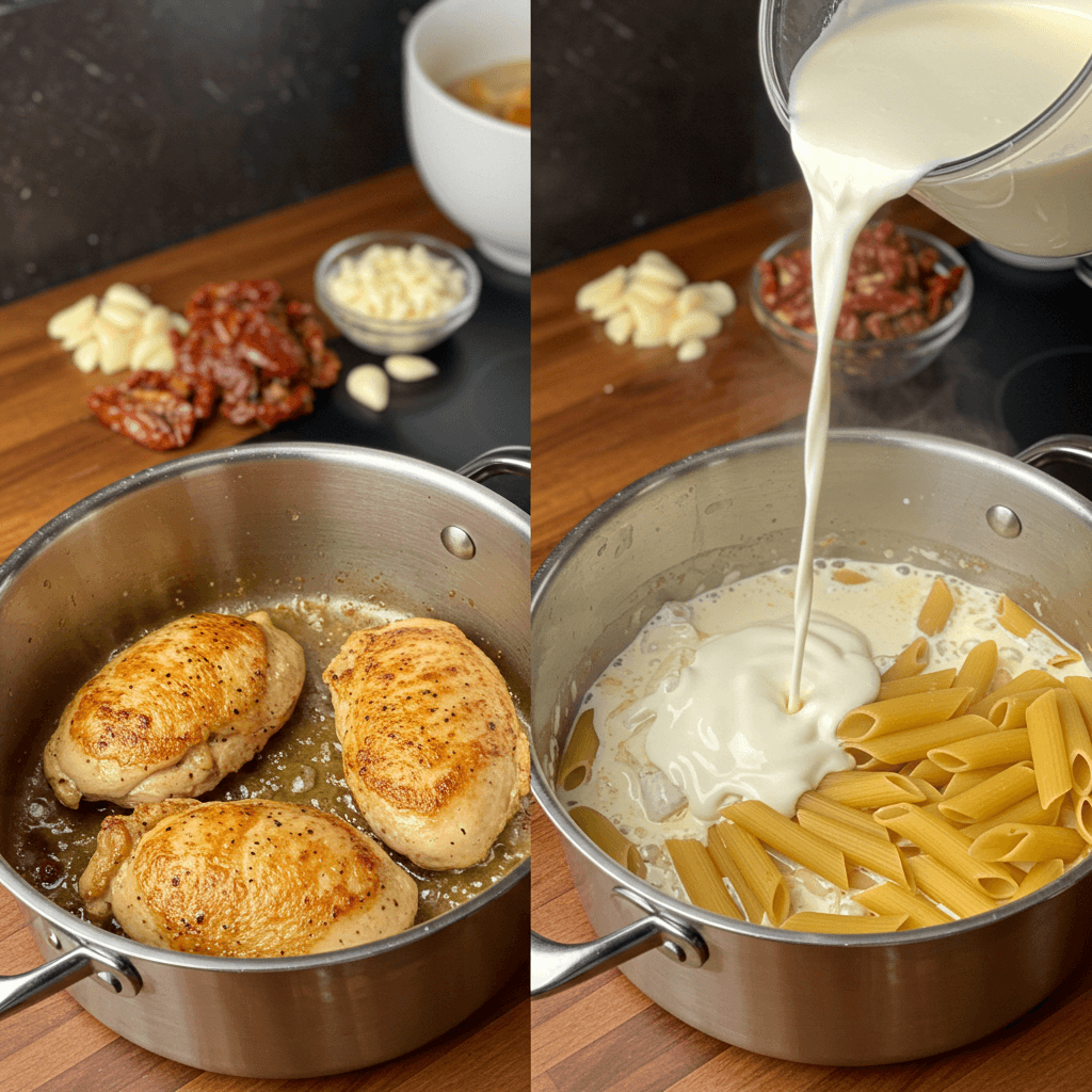 Cooking process for one pot marry me chicken pasta