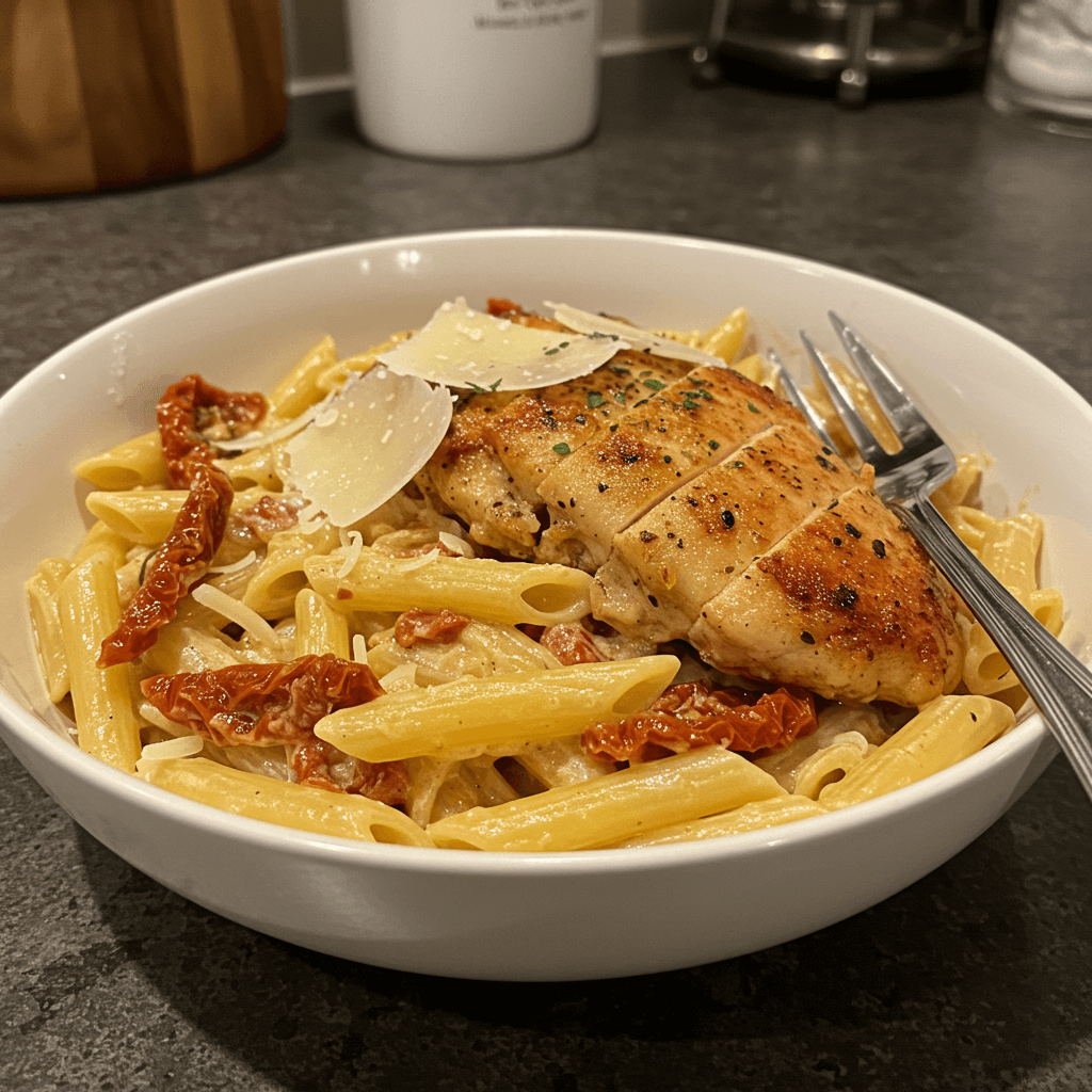 Served one pot marry me chicken pasta in bowl
