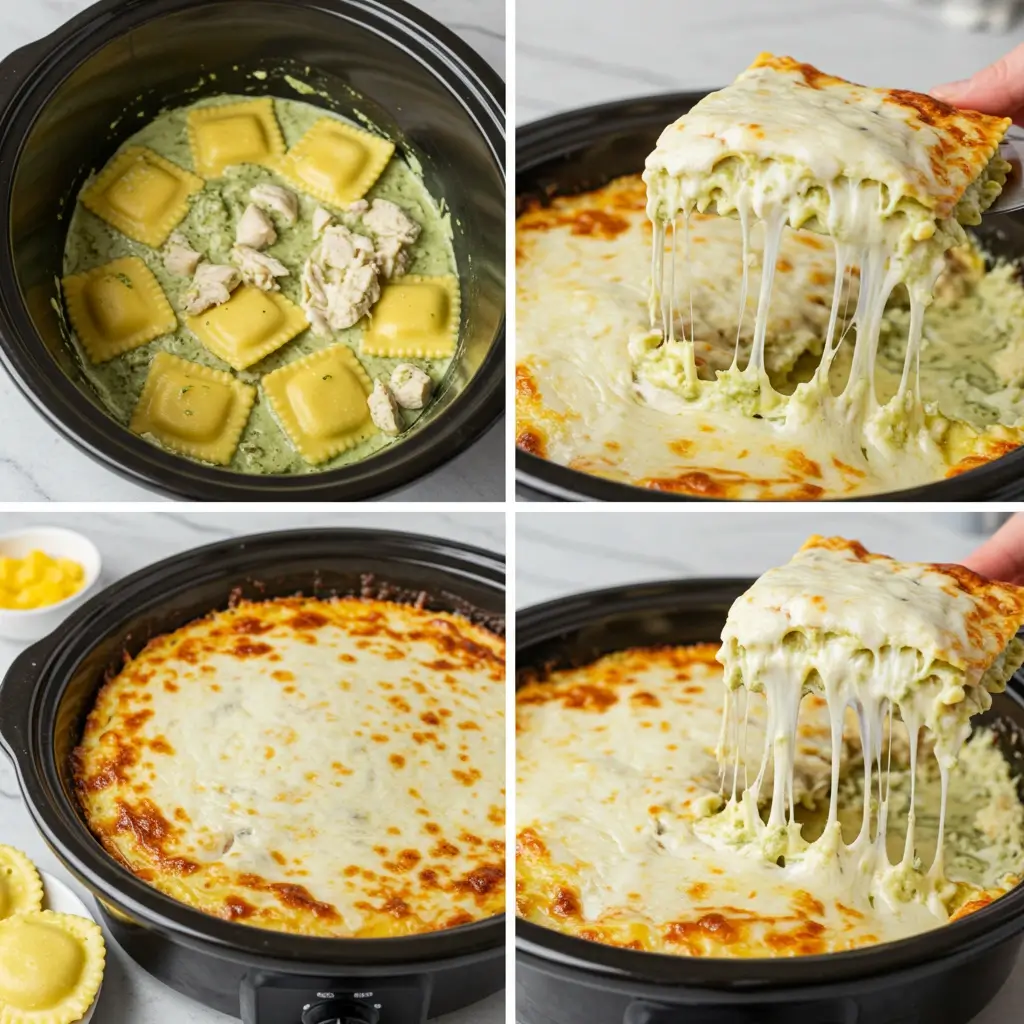 Step-by-step Slow Cooker Pesto Chicken Alfredo Ravioli Lasagna Recipe