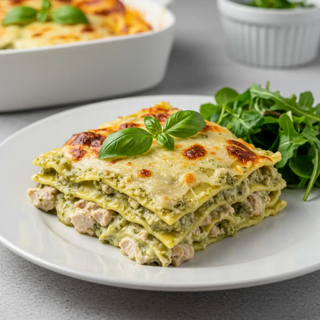Plated slow cooker pesto chicken Alfredo ravioli lasagna with salad