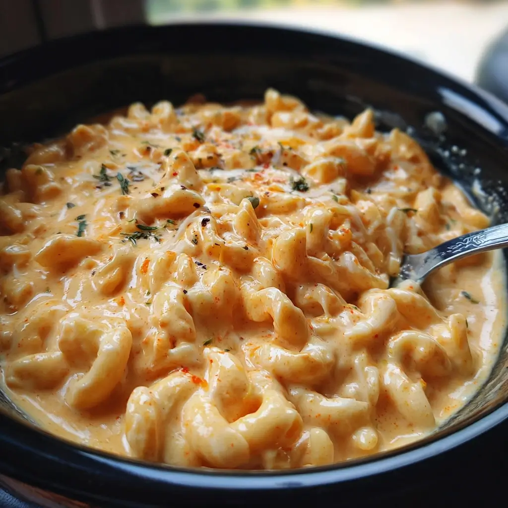 shredded chicken with cheese and pasta in crock pot