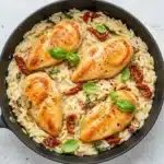 Recipe card photo for one pan marry me chicken orzo